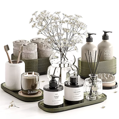 Stylish Bathroom Daily Essentials Arrangement With Rolled Towels Toothbrushes Soap Dispensers And Scented Candles 3d model