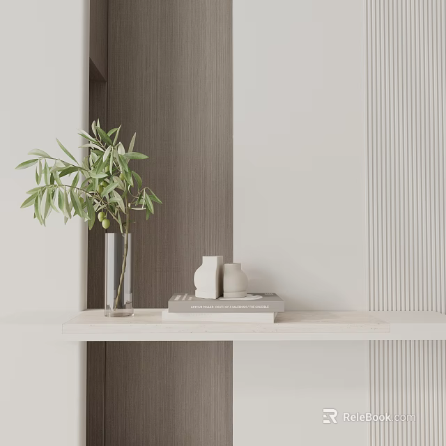 Decorative Ornament Set With Transparent Vase Olive Branch And White Ceramic Pieces On White Shelf 3d model 