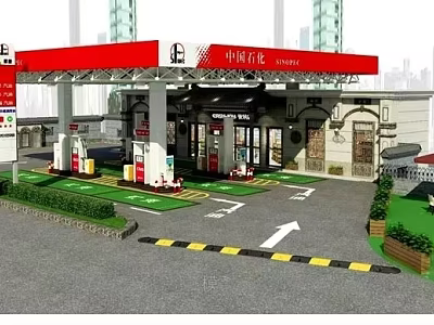Sinopec Gas Station With Red Canopy Fuel Dispensers And Urban Surroundings 3d model