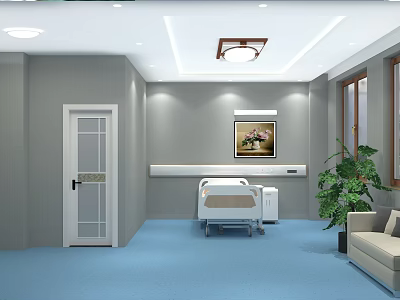Modern Hospital Room Interior With Bed Sofa Plant Ceiling Lamp Wall Painting And Blue Floor 3d model