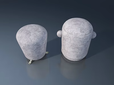 Two Round Gray Upholstered Stools With Metal Legs And Reflection 3d model
