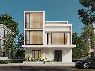 Modern Two Story Detached Villa With White Exterior And Large Glass Windows 3d model