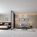 Modern Apartment with Open Kitchen Wooden Cabinets White Tile Floor Large Windows and Green View