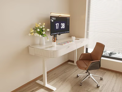 White Modern Desk With Monitor Vase Flowers And Brown Chair Near Window Blinds 3d model