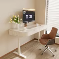 White Modern Desk With Monitor Vase Flowers And Brown Chair Near Window Blinds
