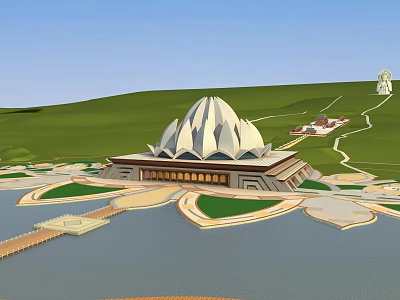 Lotus Shaped Building With Water Area Green Lawn Small Structures And Blue Sky Background 3d model