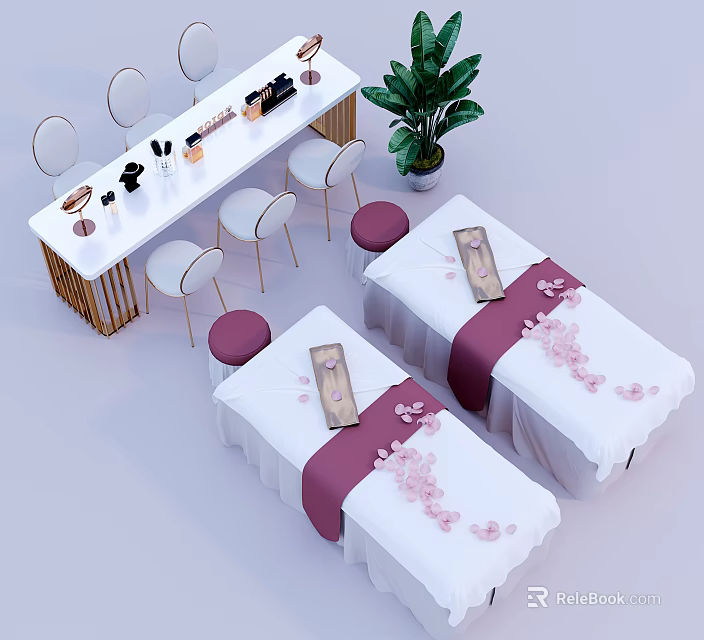 Elegant Beauty Salon Interior With Treatment Beds White Sheets Pink Petals And Golden Chairs 3d model 
