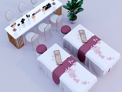 Elegant Beauty Salon Interior With Treatment Beds White Sheets Pink Petals And Golden Chairs 3d model