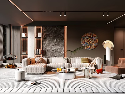 Modern Living Room With Beige Sofa Stone Accent Wall And Abstract Decorative Painting 3d model