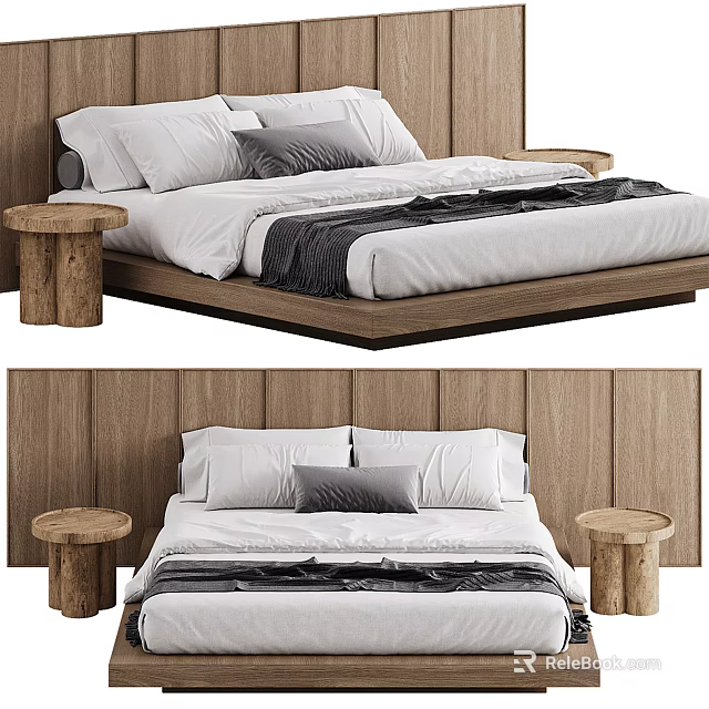 Double Bed With Wooden Headboard White Bedding Gray Pillows And Wooden Nightstands 3d model 