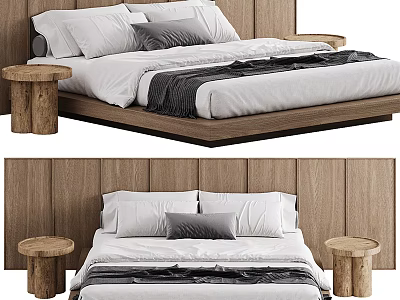 Double Bed With Wooden Headboard White Bedding Gray Pillows And Wooden Nightstands 3d model