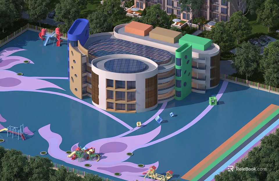 Colorful Circular School Building With Playground Play Equipment And Surrounding Trees 3d model 