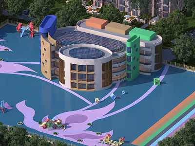 Colorful Circular School Building With Playground Play Equipment And Surrounding Trees 3d model