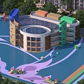 Colorful Circular School Building With Playground Play Equipment And Surrounding Trees