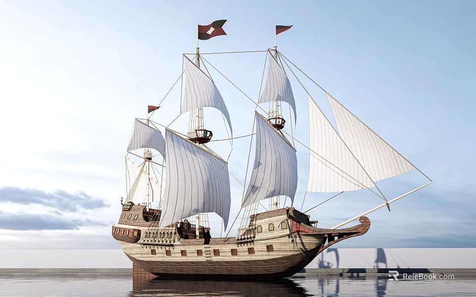 Tall Sailing Ship With Multiple White Sails Red Flags And Wooden Hull On Calm Water 3d model 