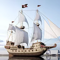 Tall Sailing Ship With Multiple White Sails Red Flags And Wooden Hull On Calm Water