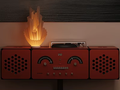 Vintage Red TV Stand With Decorative Lamp And Control Panel Grilles 3d model