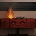 Vintage Red TV Stand With Decorative Lamp And Control Panel Grilles