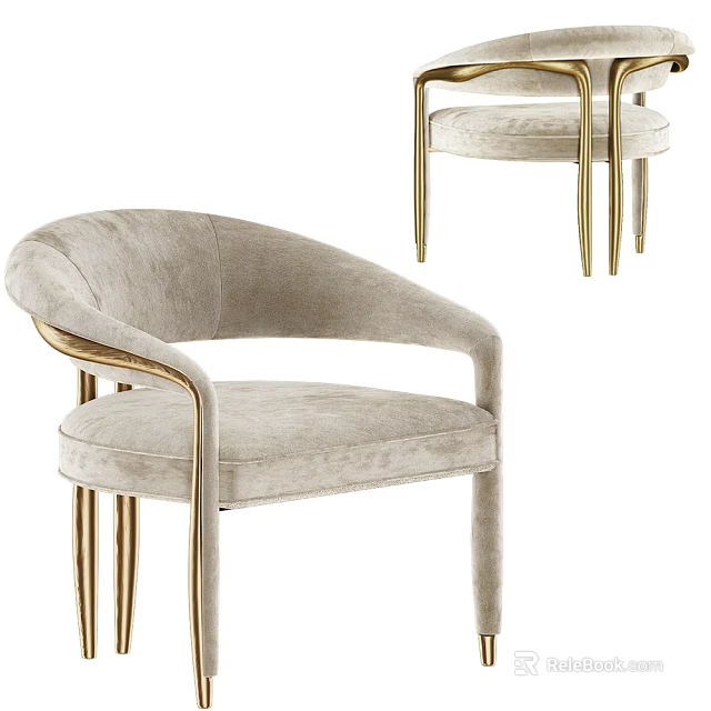 Modern Elegant Dining Chair With Light Gray Velvet Upholstery And Gold Metal Armrests 3d model 