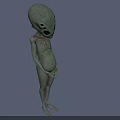 Silver Alien With Large Head Big Black Eyes Hands On Abdomen And Light Blue Background