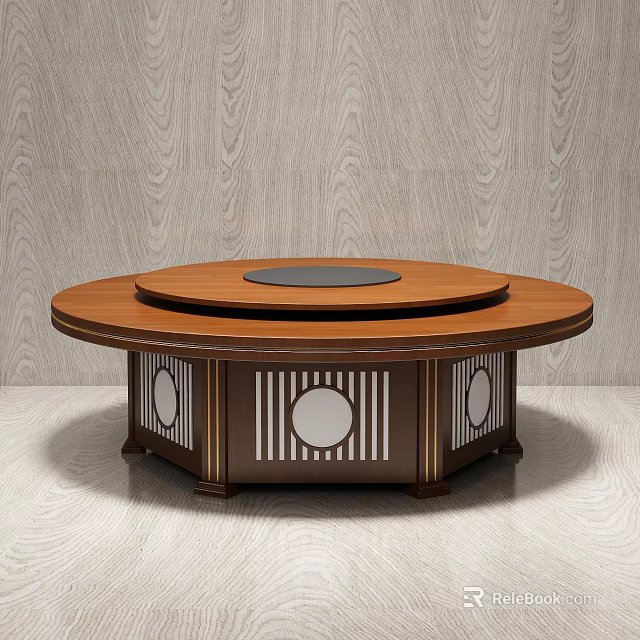 Traditional Round Wooden Dining Table With Rotating Top And Decorative Base Patterns 3d model