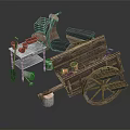 Vintage Wooden Cart With Clay Pots Small Table And Tools In Rustic Style