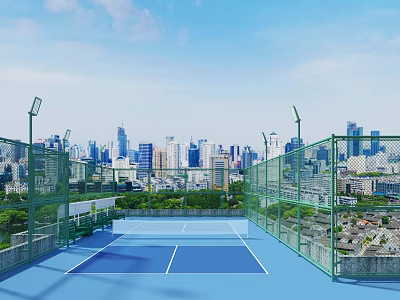 Rooftop Tennis Court With Blue Surface Green Fences And City Skyline View 3d model