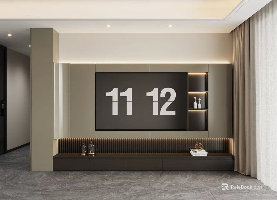 Modern Dark TV Stand With Shelves And Lighting In Living Room Interior 3d model 