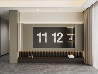 Modern Dark TV Stand With Shelves And Lighting In Living Room Interior 3d model