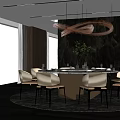 Modern Restaurant Interior Design With Round Dining Table Hanging Pendant Light And Rock Feature Wall