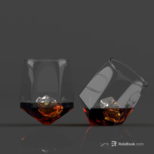 Two Wine Glasses One Upright One Tilted with Brown Liquid Ice Cubes on Gray Background 3d model 