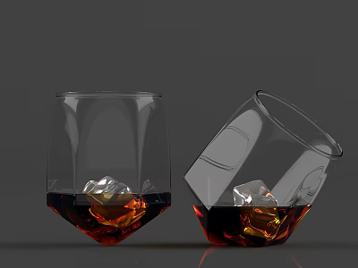 Two Wine Glasses One Upright One Tilted with Brown Liquid Ice Cubes on Gray Background 3d model
