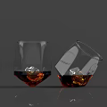 Two Wine Glasses One Upright One Tilted with Brown Liquid Ice Cubes on Gray Background