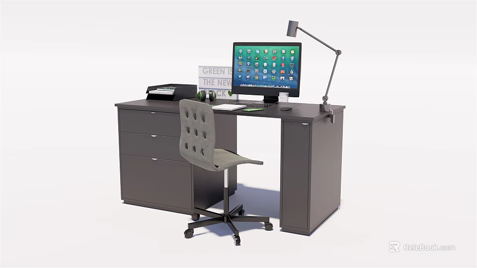 Gray Office Desk with Drawers Computer Monitor Desk Lamp Printer and Wheeled Chair 3d model 