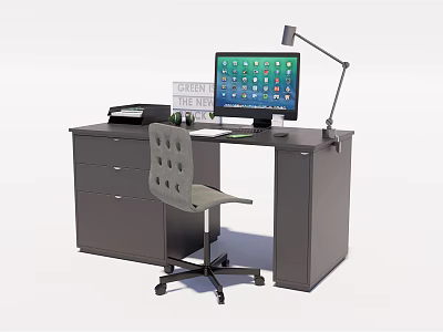 Gray Office Desk with Drawers Computer Monitor Desk Lamp Printer and Wheeled Chair 3d model