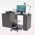 Gray Office Desk with Drawers Computer Monitor Desk Lamp Printer and Wheeled Chair