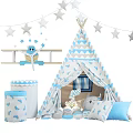 Kids Teepee Tent with Blue Triangle Pattern Star Garlands Airplane Toy and Soft Pillows