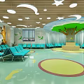 Vibrant Shop Reception Area with Blue Chairs Green Walls and Moon Star Ceiling