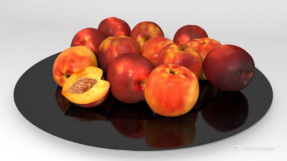 Fresh Juicy Peaches On Black Plate With Sliced Piece Showing Flesh 3d model 
