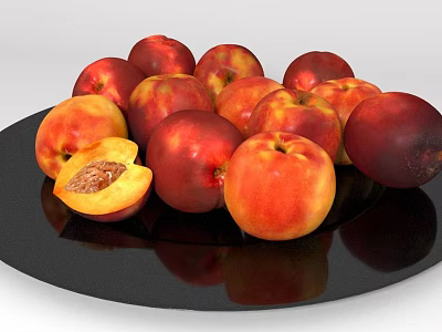 Fresh Juicy Peaches On Black Plate With Sliced Piece Showing Flesh 3d model