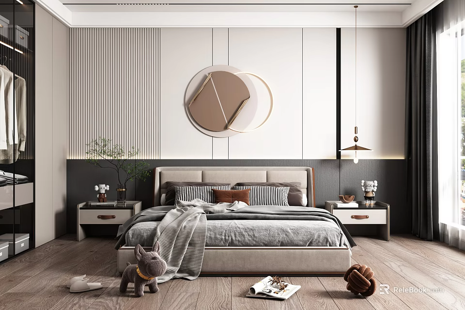 Modern Bedroom Interior With Gray Bedding Bedside Tables And Circular Wall Art 3d model 