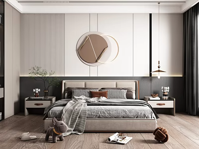 Modern Bedroom Interior With Gray Bedding Bedside Tables And Circular Wall Art 3d model