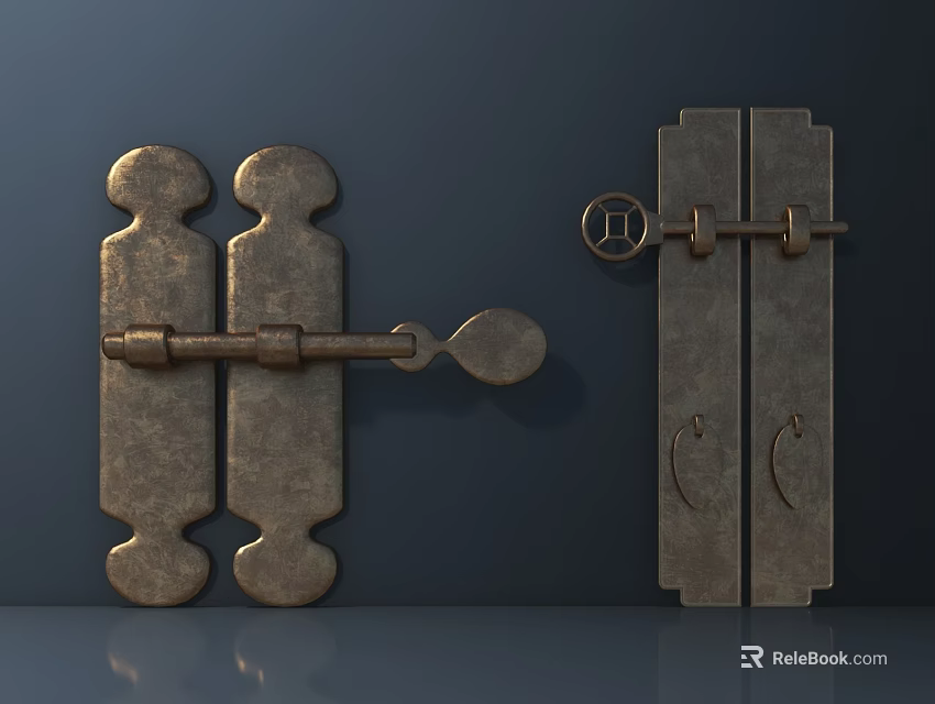 Vintage Brass Door Handles With Symmetric Design And Metal Texture On Dark Wall 3d model 