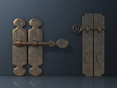 Vintage Brass Door Handles With Symmetric Design And Metal Texture On Dark Wall 3d model
