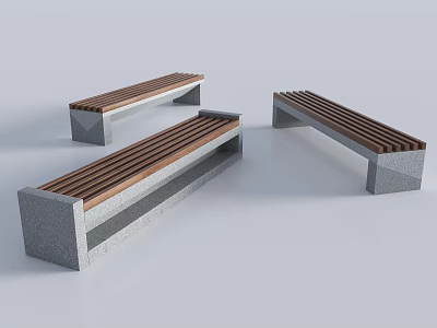 Modern Outdoor Landscape Seats With Wooden Slats And Stone Base Structure 3d model