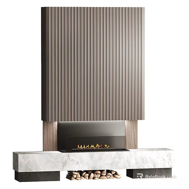 Modern Ribbed Wooden Fireplace With Marble Countertop and Burning Flames Design 3d model 