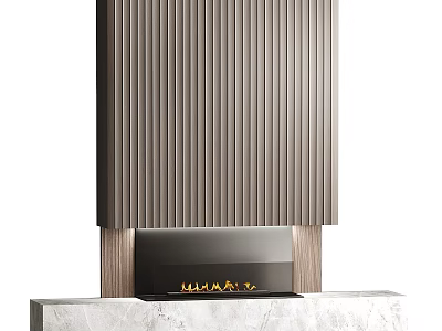 Modern Ribbed Wooden Fireplace With Marble Countertop and Burning Flames Design 3d model
