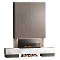 Modern Ribbed Wooden Fireplace With Marble Countertop and Burning Flames Design