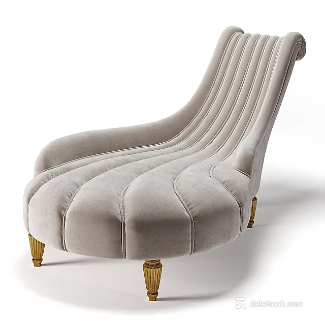 Elegant Light Gray Velvet Chaise Lounge With Curved Design And Gold Legs 3d model 