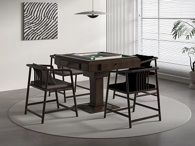 Modern Dark Wooden Entertainment Table With Green Felt Top And Four Chairs In Living Space 3d model
